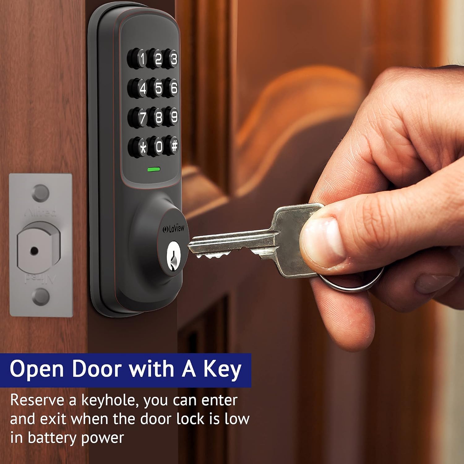 LaView keypad lock showing a low battery indicator on the screen