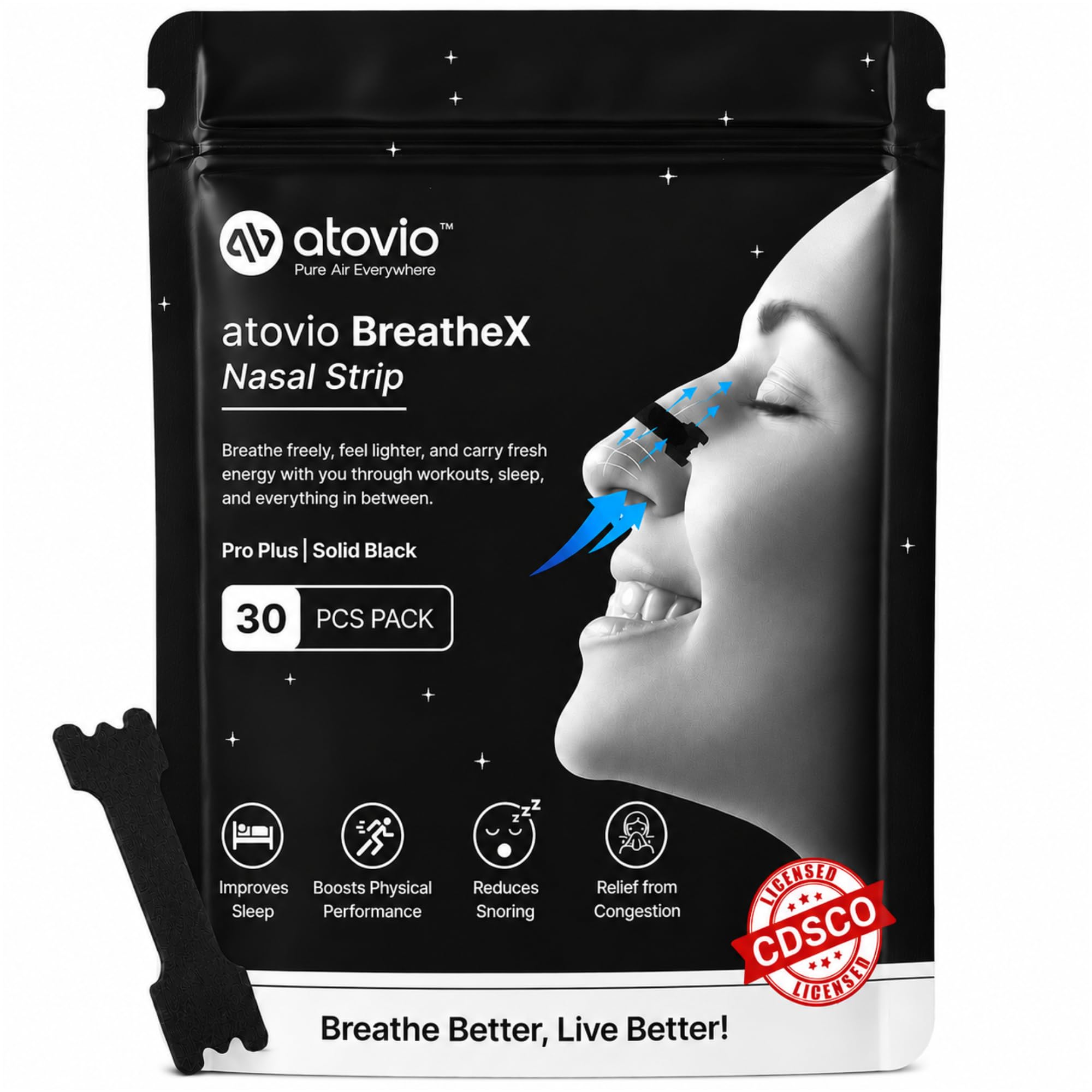 Atovio BreatheX Nasal Strips for Breathing & Snoring Relief, 10 Strips | Extra Strength Anti-Snoring Nose Strips for Nasal Congestion Relief | Sweat-Proof & Hypoallergenic Adhesive | Instant Airflow for Sleep & Sports | CDSCO Licensed - Transparent — Amazon image 12