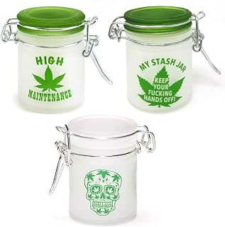 Airtight Glass Herb Storage Jar Set of 3 - My Stash Jar, High Maintenance, and Sugar Skull Designs, 1.5oz, 2.5 Inches