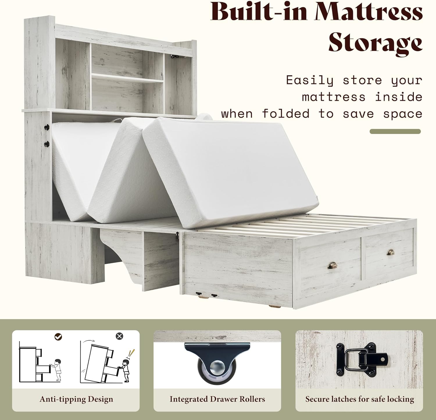 AMERLIFE Queen Murphy Bed with Bookcase Headboard & LED Light, Farmhouse Cabinet Bed with Storage Drawer, Charging Station and Desk for Home Office/Guest Room/Small Spaces, White | Bookcase Headboard, LED Light, Storage Drawer, Charging Station, Desk, Farmhouse Cabinet