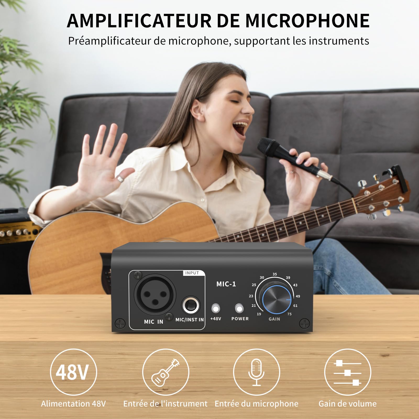 XTUGA XIC1 Préampli micro pour microphones dynamiques et à condensateur Booster avec 2 entrées Max 75db Gain 48V Phantom Power Sortie XLR