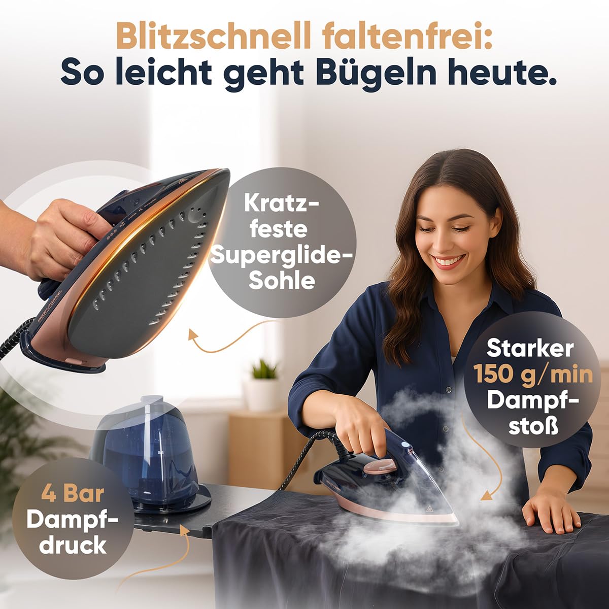 ProfiCare® Dampfbügelstation | Superglide Keramiksohle | 2400W Bügelstation | starke Dampfleistung 150 g/min | 4 Bar Druck | bis zu 80 Minuten am Stück bügeln | Dampfbügeleisenstation | PC DBS 3127