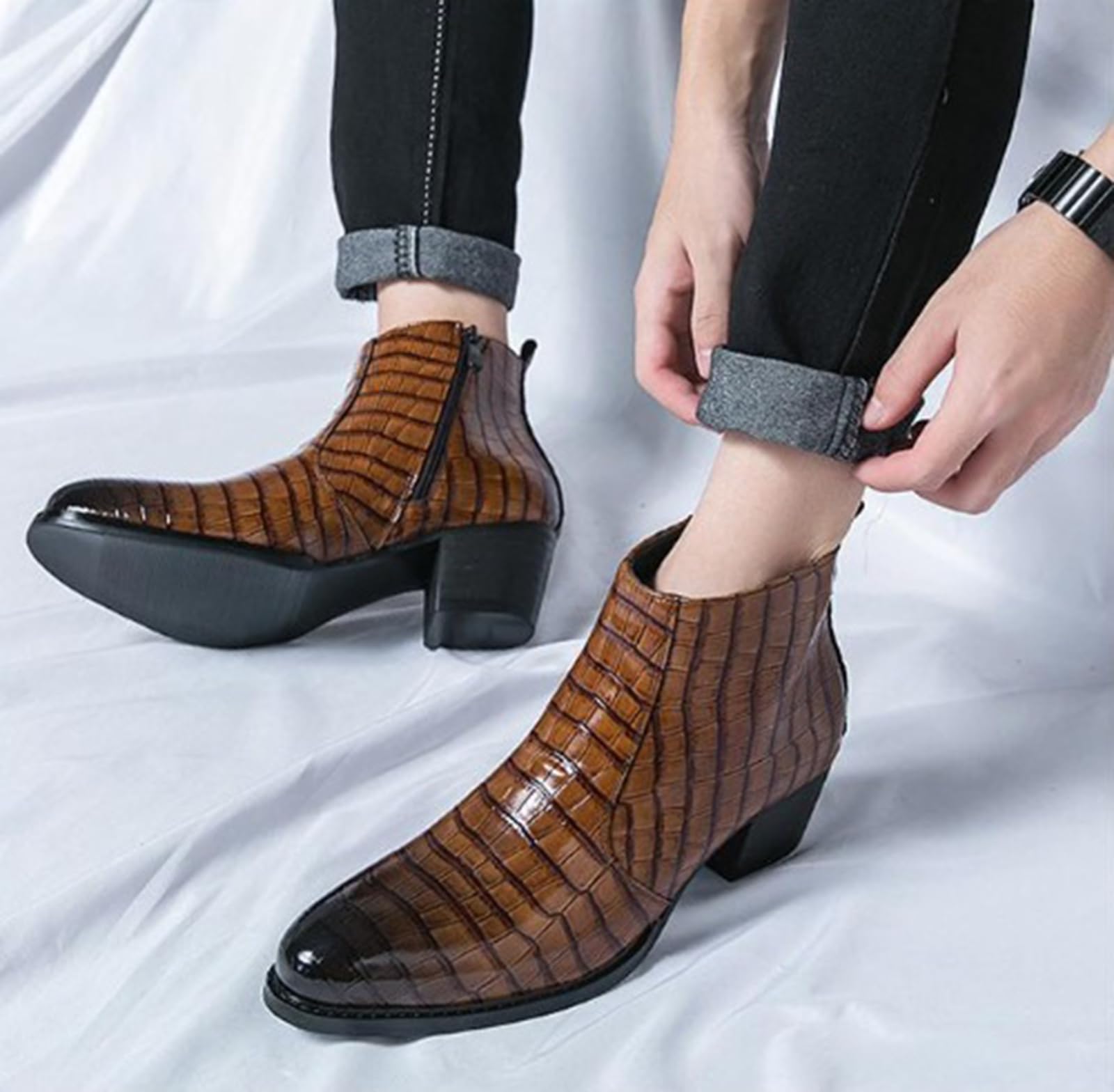 Stivaletti Chelsea Uomo Effetto Coccodrillo Tacco Alto Scarpe da Abito | Chiusura Zip Laterale Pelle Sintetica Ankle Boots Eleganti Stile Western per Matrimonio Festa Business Regalo Uomo