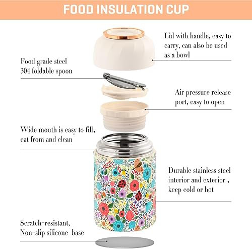 Miniatura 4 de Summer Flowers Food Jar with Spoon Stainless Steel Vacuum Insulated Food Container 17 oz Soup Thermos for Lunch