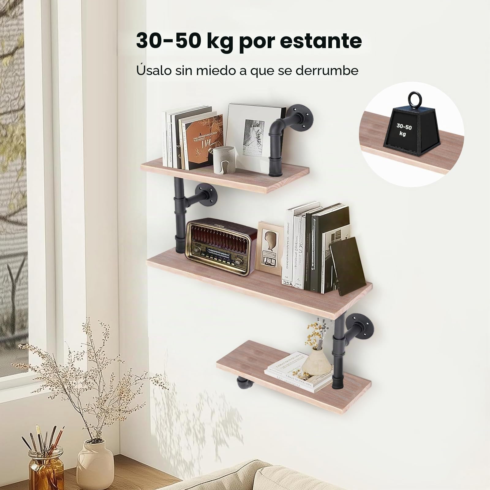 Estantería Flotante Industrial de 3 Capas - Madera Maciza y Metal - Estantes de Almacenamiento Vintage de Pared