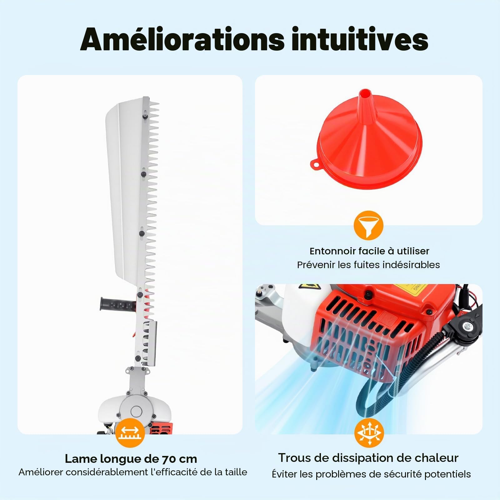 Taille-haie à essence - Moteur 2 temps avec démarrage manuel de 0,65 kW - Lame simple tranchante de 70 cm - Moteur 22,5 cm³ - Diamètre maximum de la branche : 11,88 cm