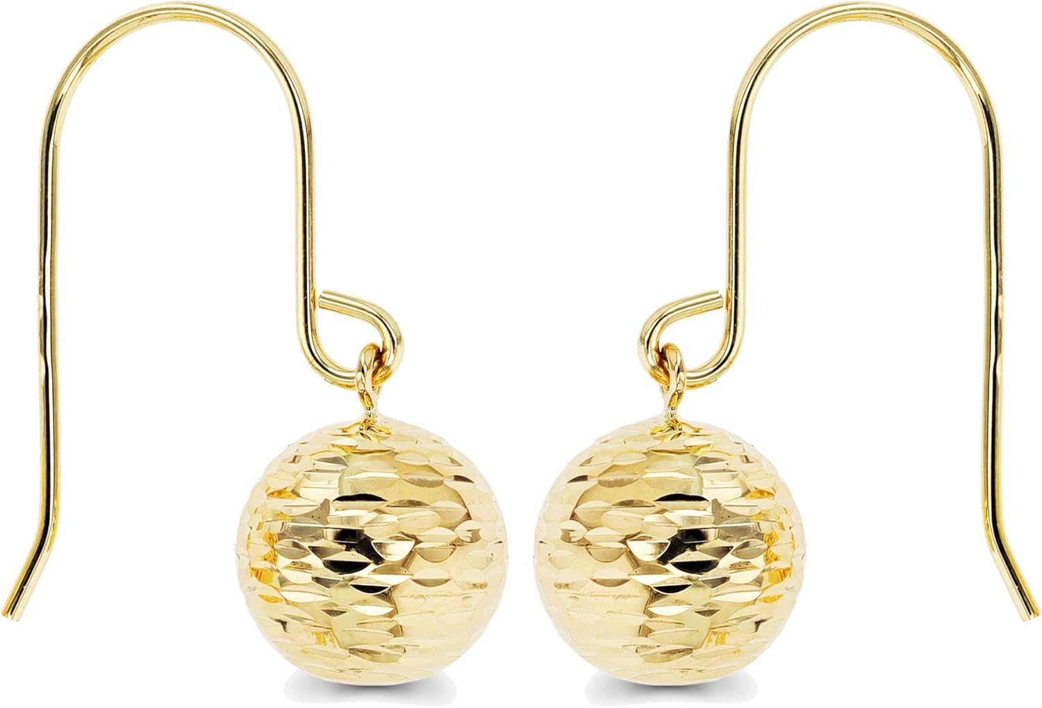 14K Gold Diamond Cut 8mm Ball Fish Hook Dangling Earrings For Women - Image 2