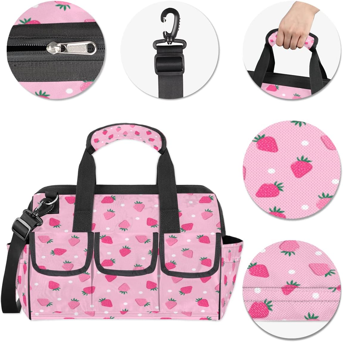 Strawberry Pink Patterns Tool Bag for Men Women Heavy Duty Multi-Pockets Wide Mouth Tool Tote Waterproof Tool Bag Organizer with Adjustable Shoulder Strap
