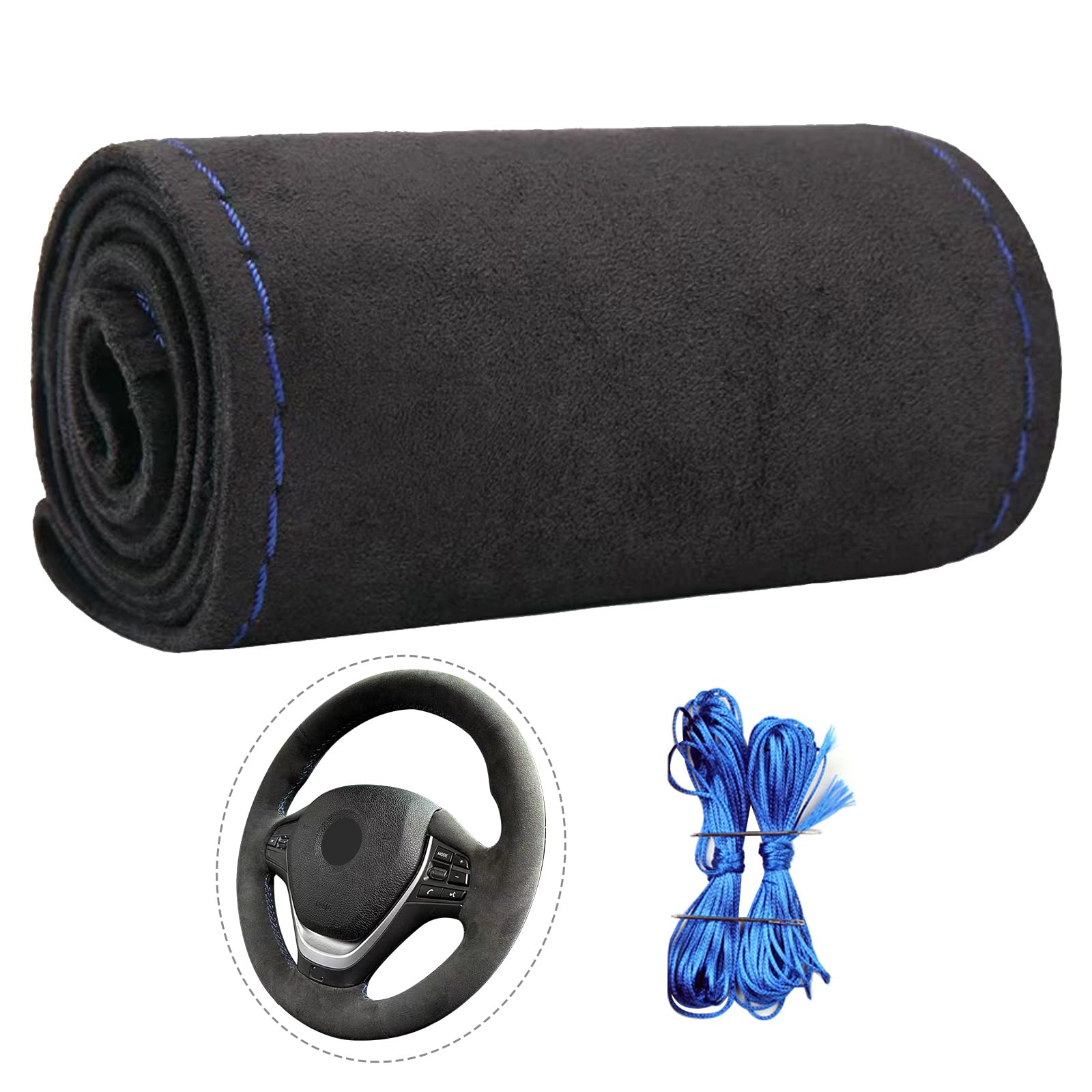 Suede Leather Steering Wheel Cover Wrap Kit - DIY Stitch-On for 14.5-15" Wheels, Superior Sweat Absorption & Non-Slip Grip, Comfortable & Durable Year-Round Upgrade