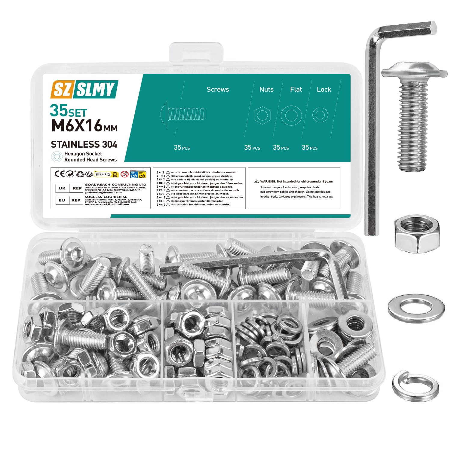 35 Set M6 Bolts Set, M6 x 16mm Flanged Button Head Screws, and Nuts Set, 304 Stainless Steel Allen Socket Bolts and Nuts Set, with 1 Hex Spanner Wrench