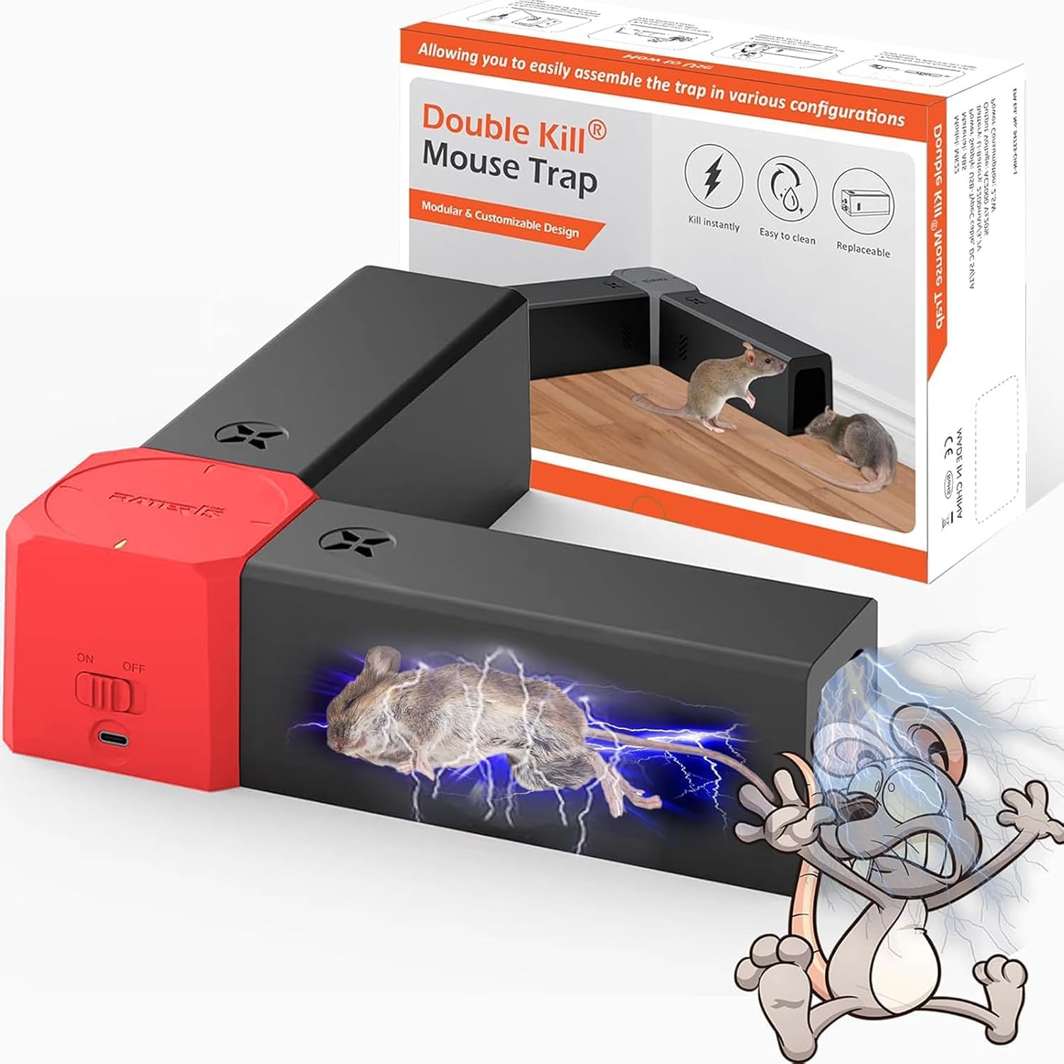 Electric Rat Trap, Electric Mouse Traps with 2 Bait Compartments, 2000V High Voltage Rodent Control Device, Reusable Mouse Killer Trap for Small Mice, Kitchen, Garage and Home Pest Control (red)