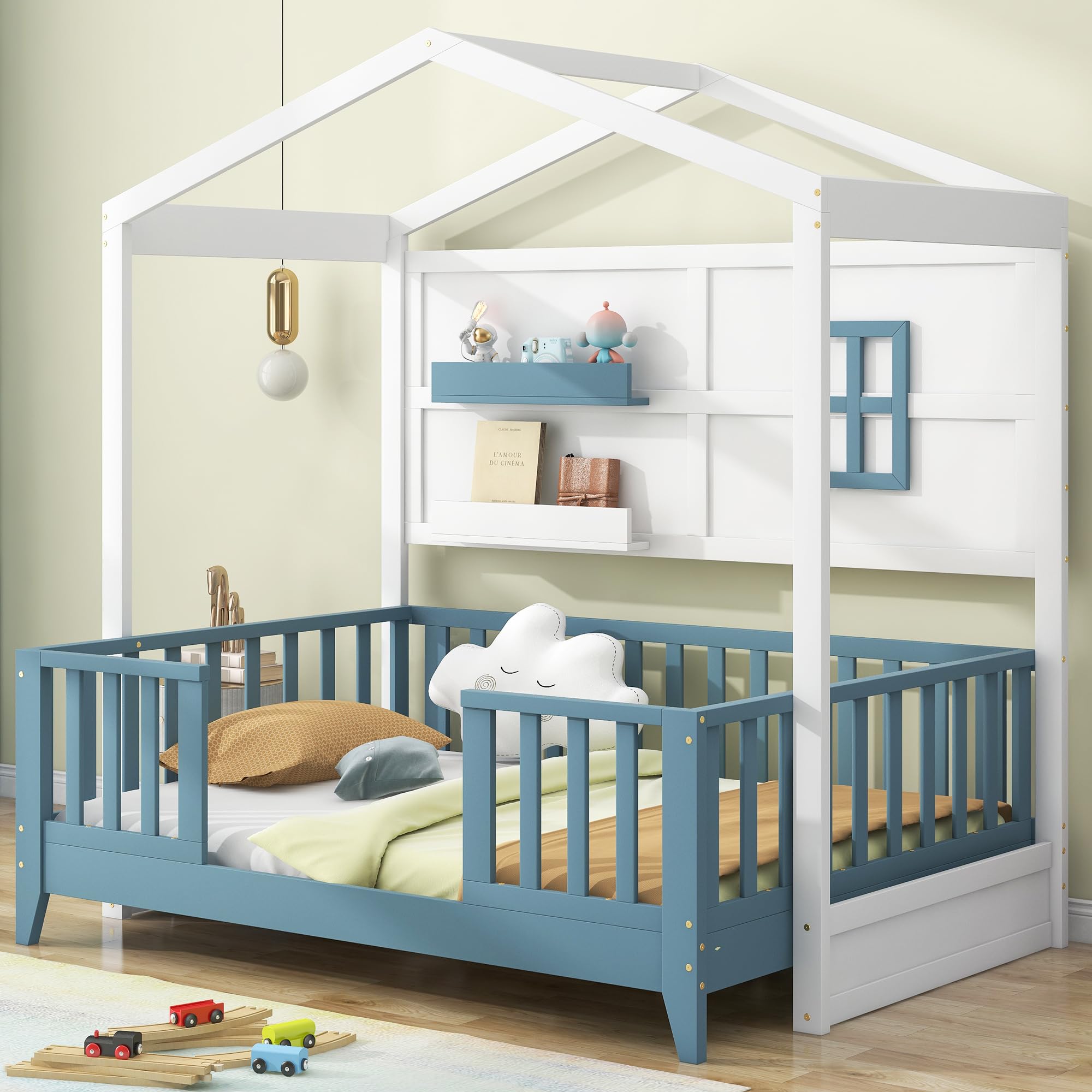 Twin Size Wood House Bed with 2 Storage Shelves and Height Guardrail,House-Shaped Bed for Kids Boys Girls Bedroom,Living Room,No Box Spring Required,White