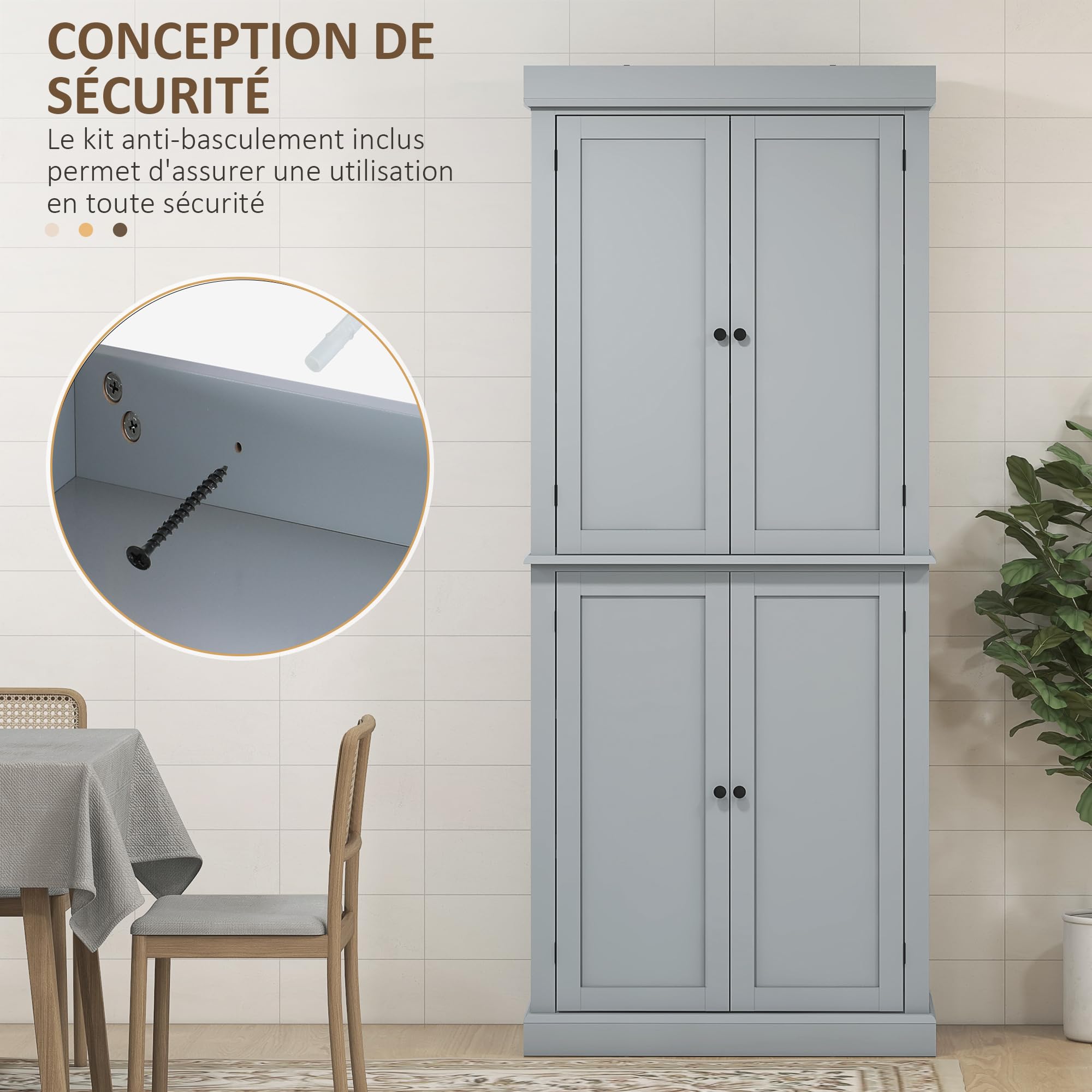 HOMCOM Armoire de Cuisine Vaisselier Style Moderne 76 x 40,5 x 184 cm Gris | Buffet Cuisine, Meuble de Rangement, avec Placards, Étagères Réglables, pour Salle à Manger, Salon