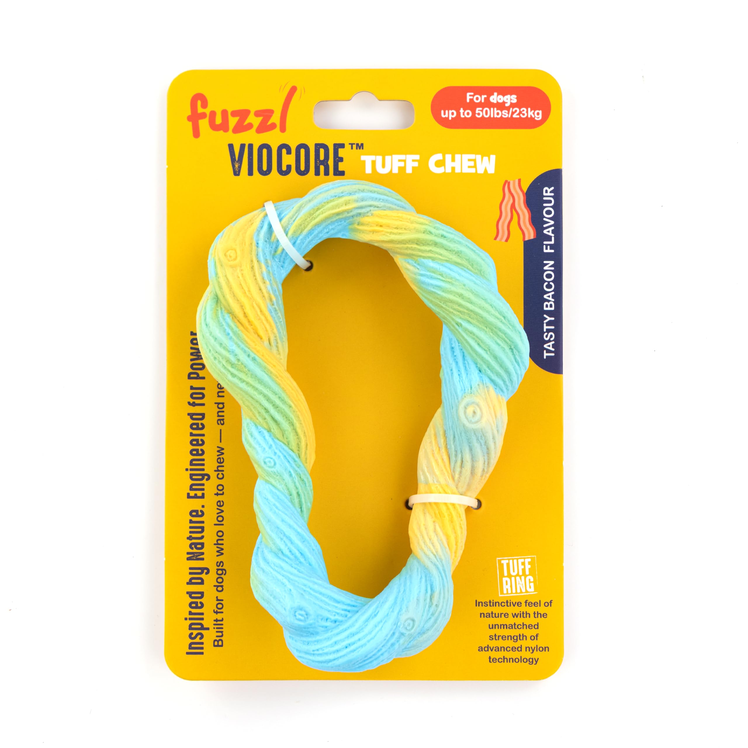 Fuzzl VIOCORE Tuff Chew Ring | Ultra-Durable Nylon Dog Toy for Aggressive Chewers | Indestructible Toy for Large Dogs | Bacon Flavored & High-Visibility Blue/Yellow for Dog Vision