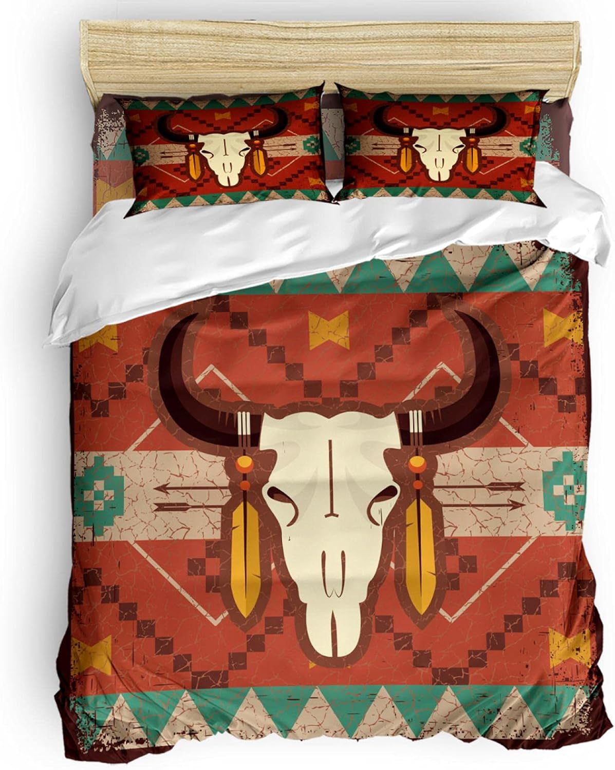 HUIJIE Funda Nórdica Infantil De 4 Piezas Arte del Cráneo De Toro Indio 240X220CM Cremallera De Microfibra Suave Y Cómodo Cuidado Fácil 1 Funda Nórdica + 1 Sábana + 2 Fundas De Almohada Adecuado para