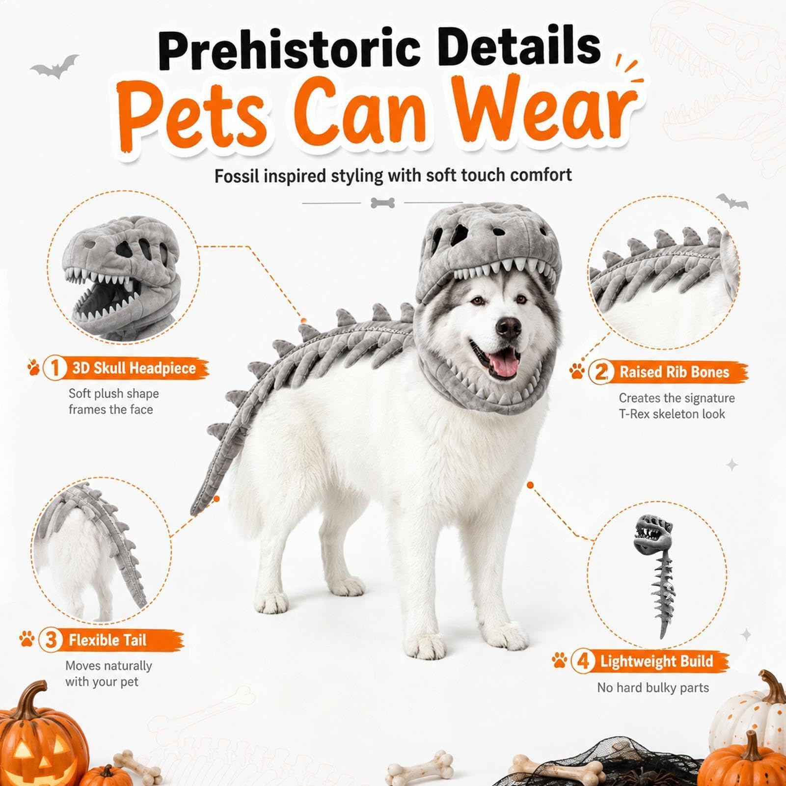 Costume da scheletro per cani, da dinosauro, per cosplay, 100 cm