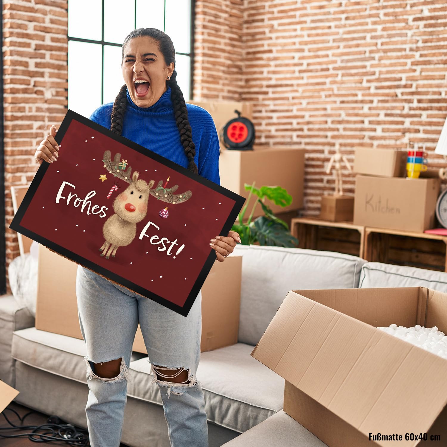 speecheese Frohes Fest Rentier mit Weihnachtsschmuck Fußmatte XXL in 50x75 cm eine Festliche Fußmatte XXL in 50x75 cm zur Weihnachtszeit Weihnachtliche Fußabtreter REH Türmatte für Frauen