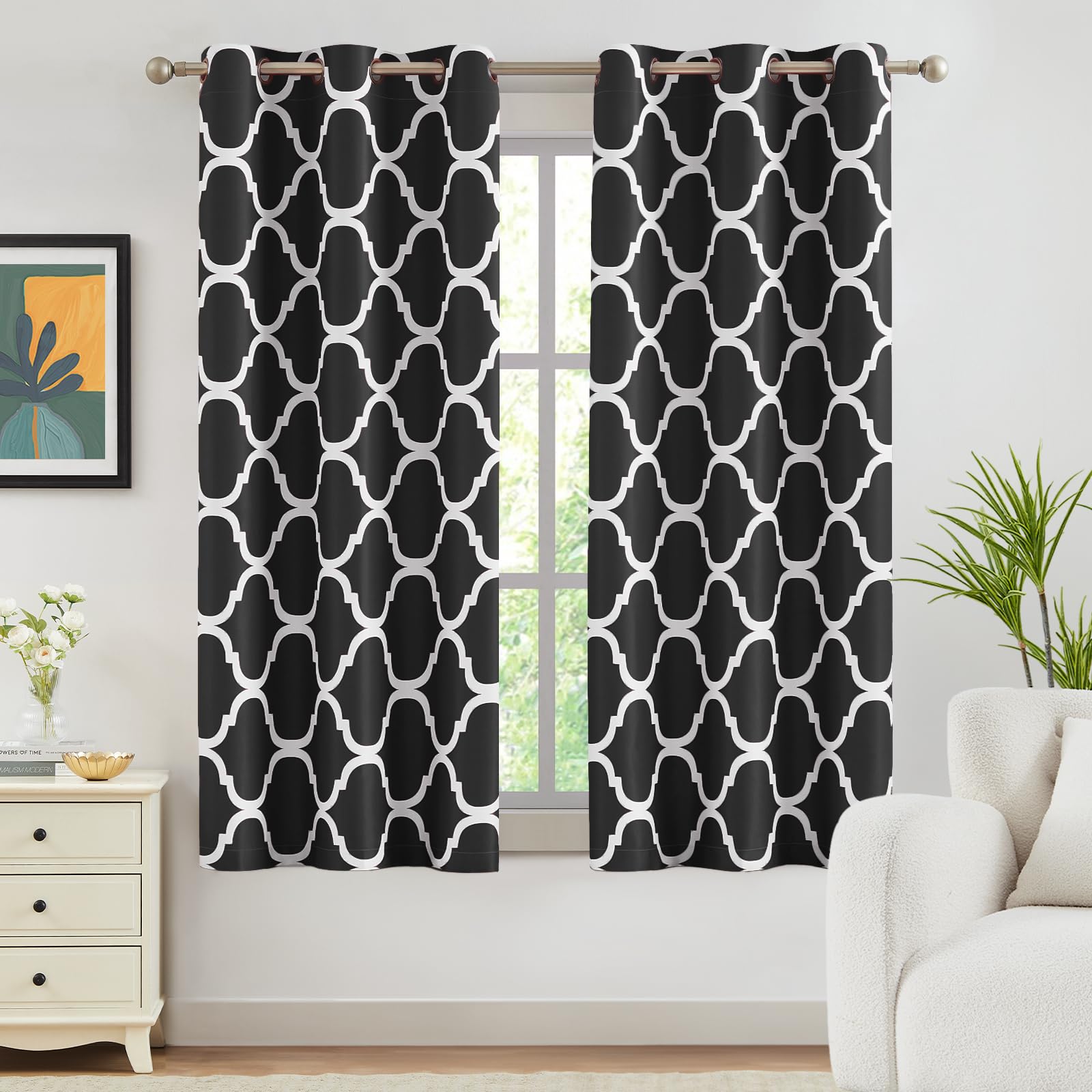 Melodieux Moroccan Fashion Thermal Insulated Room Darkening Blackout Grommet Curtains for Living Room 42 by 63 Inch, Black (2 Panels) - Image 2