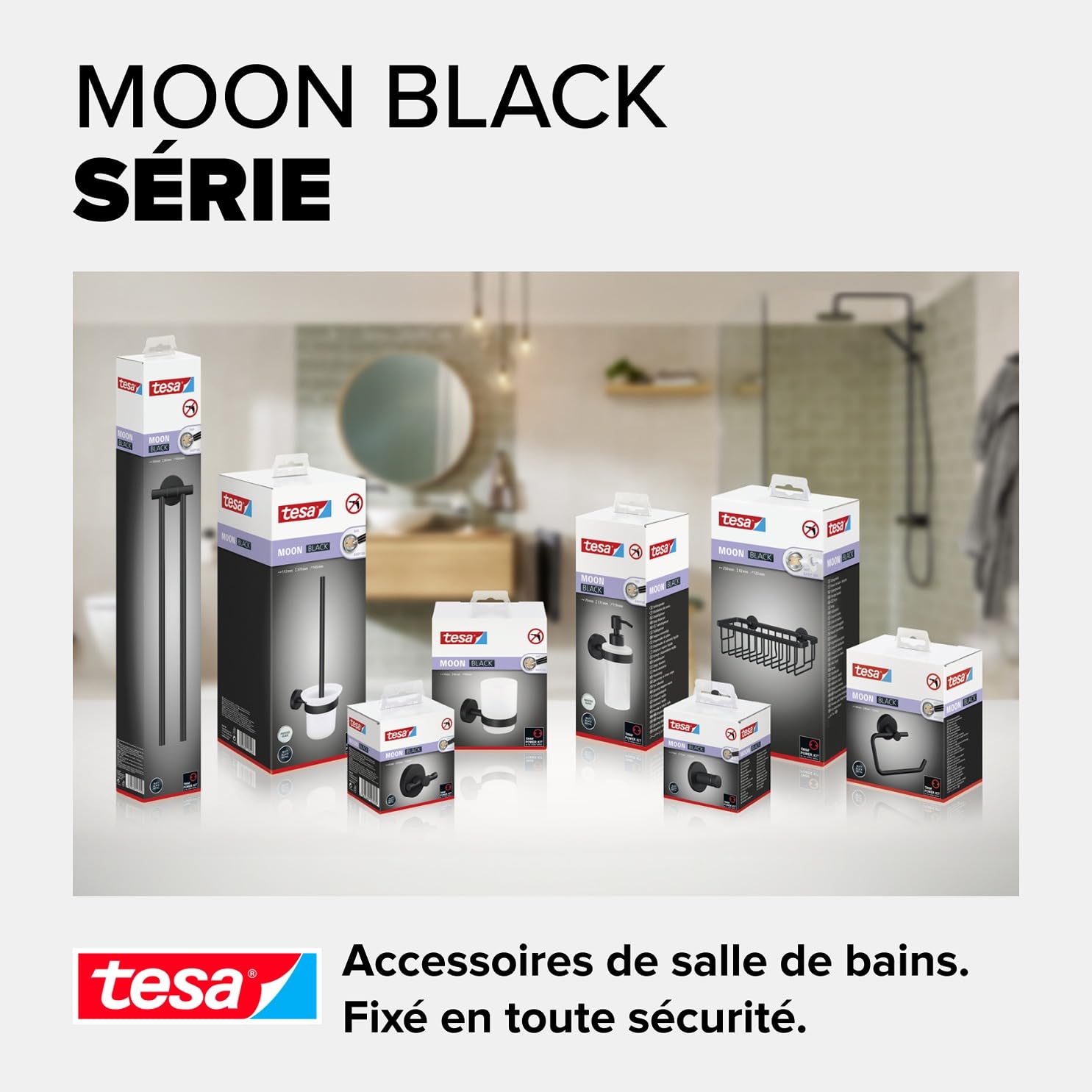 tesa Moon Black Porte Serviettes 2 Bras, Noir Mat, Salle de Bains & WC - Salles de Bains Style Industriel et Modernes - sans Perçage - 84 mm x 50 mm x 456 mm