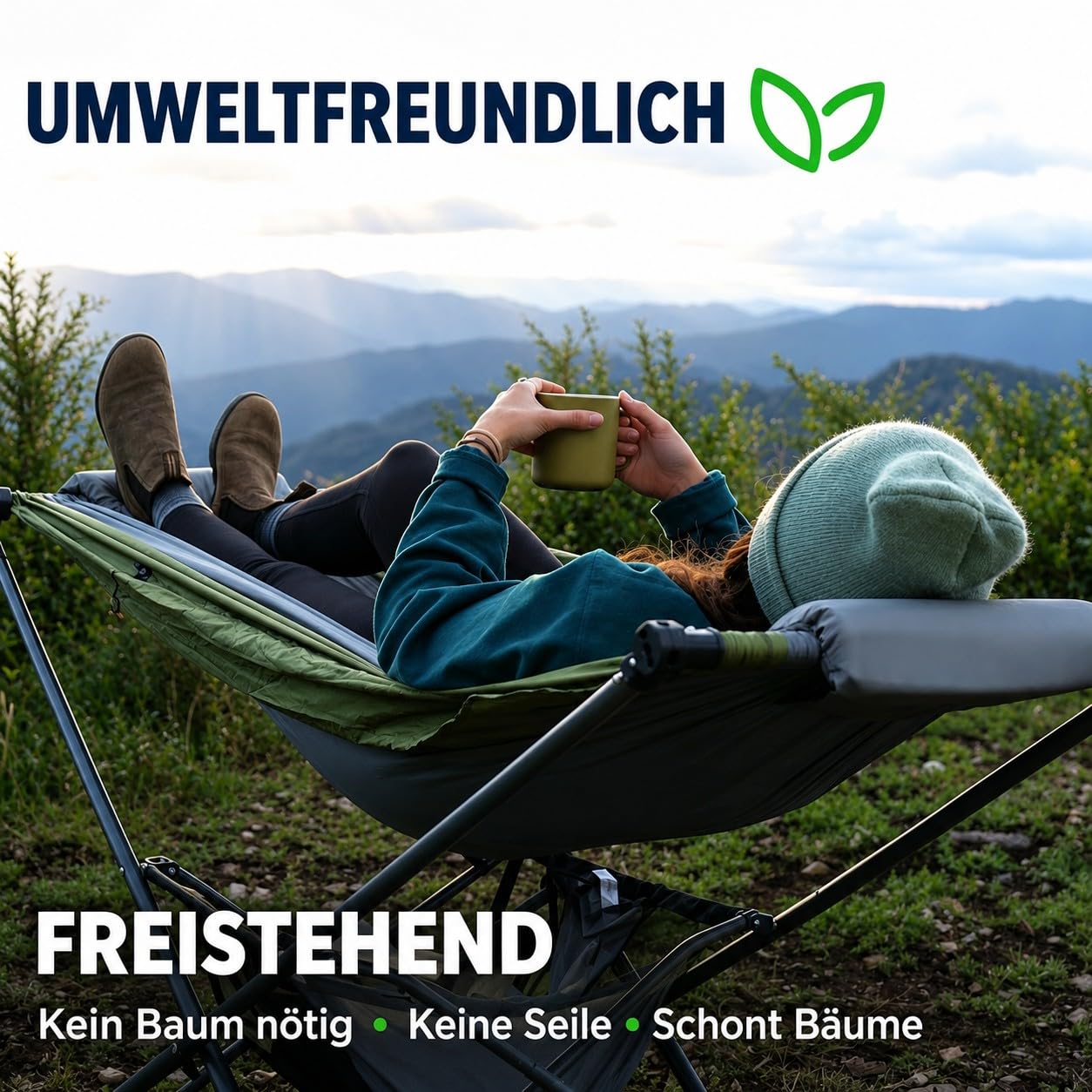 LET'S CAMP Hängematte mit Gestell, Mock ONE® freistehende Garten-Hängeliege mit UPF 50+ Sonnendach, 210T Fallschirmnylon, Stahlrahmen bis 113kg, klappbar & tragbar für Garten/Balkon/Terrasse/Camping