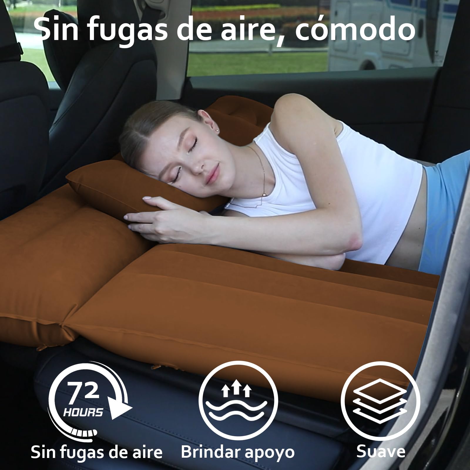 Colchón de Coche Inflable con Bomba de Aire y Almohada, Cama Portátil para Viajes y Camping, Grueso y Duradero (marrón)