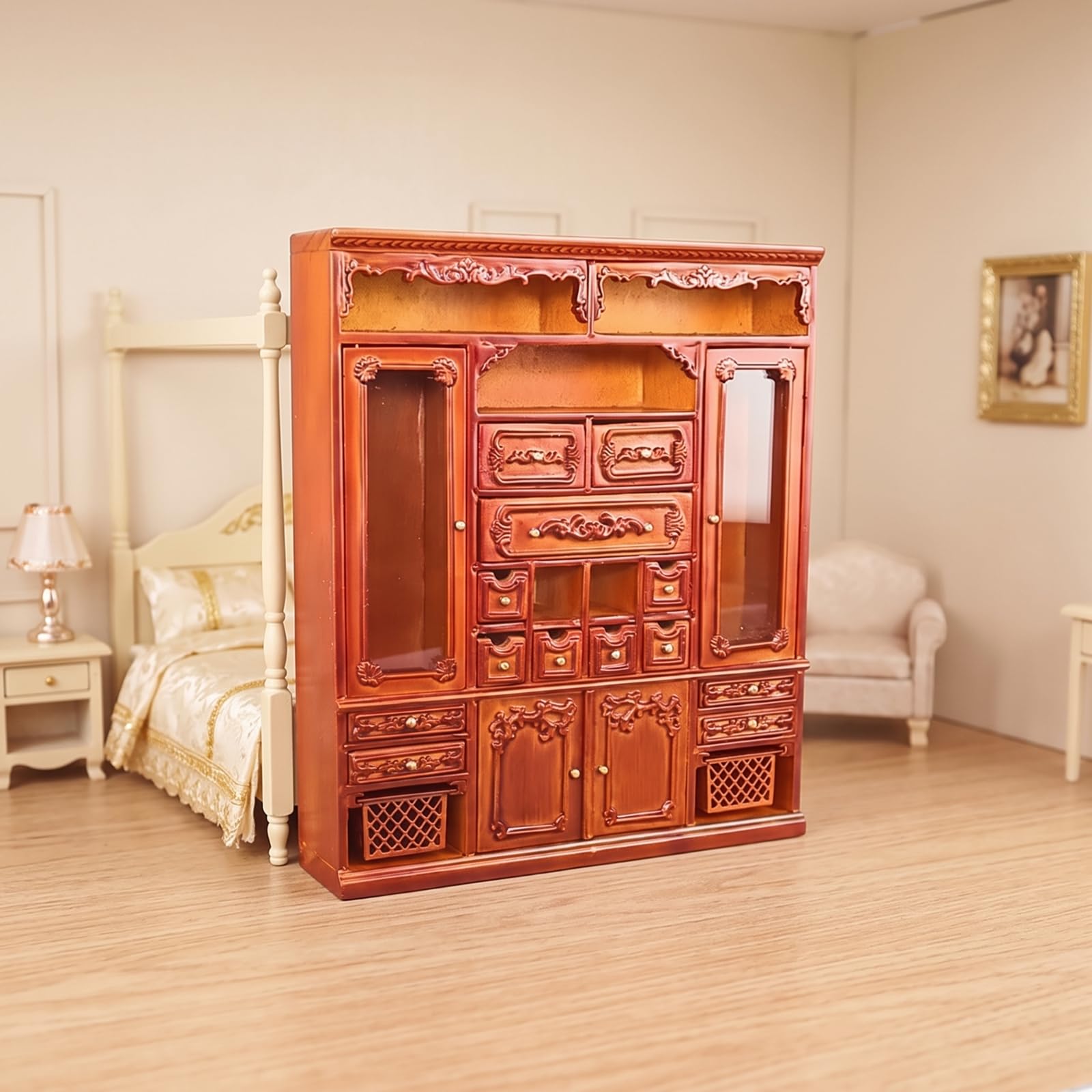 Colcolo Miniarmario Vitrina Miniatura Armario Expositor Vitrina Muñecas Miniatura Mueble Miniatura de Madera para Escenas a Escala con Cajones Operables