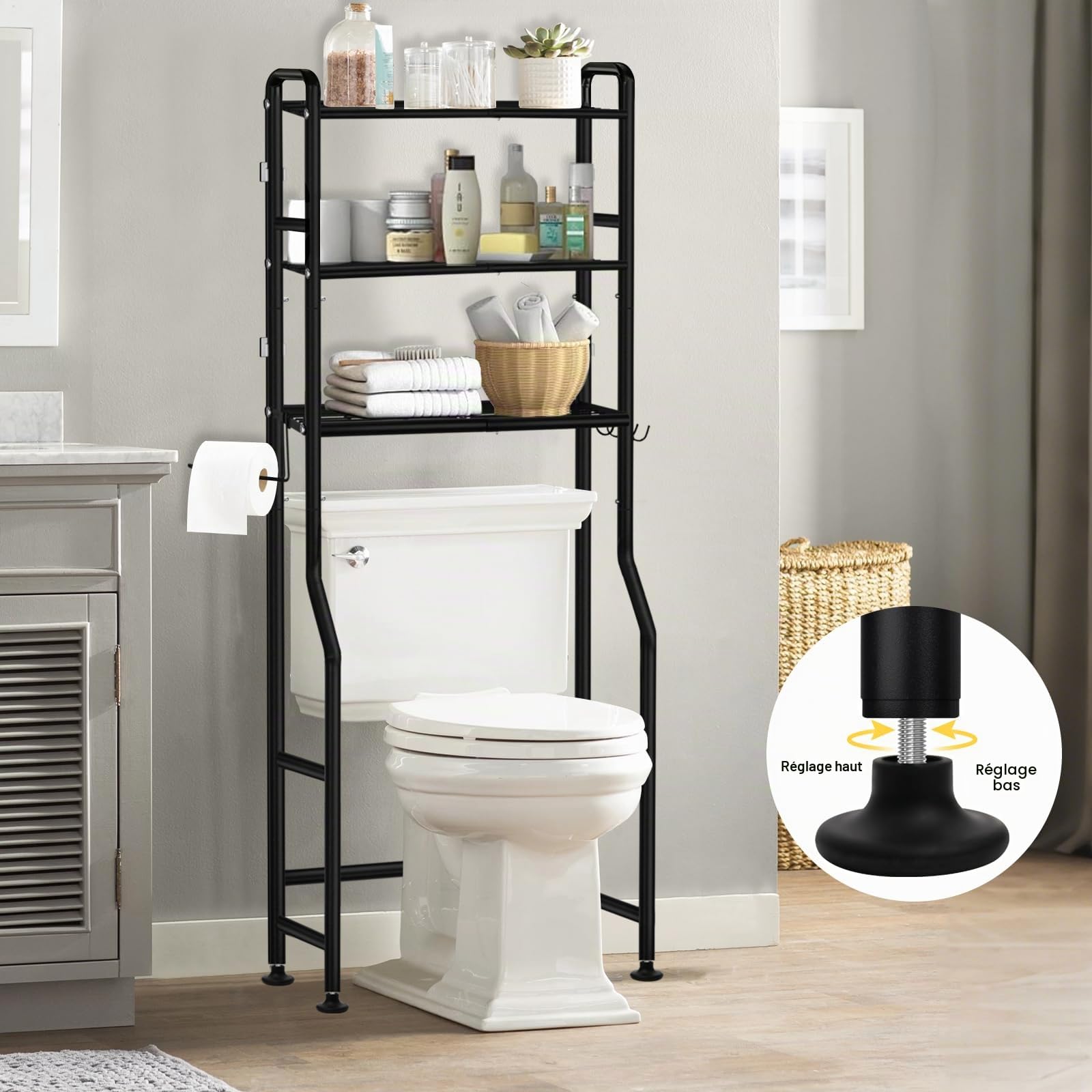 Étagère pour machine à laver, étagère WC sur machine à laver, armoire de toilettes, 3 étagères, porte-serviettes, 62 x 163 x 22 cm, noire