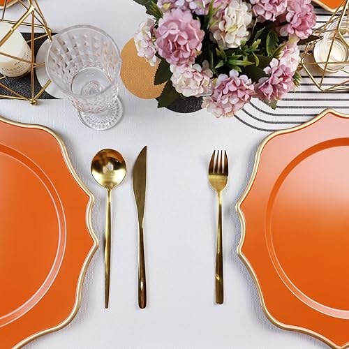 Miniatura 5 de Cargadores naranjas para platos de cena, 13 pulgadas, de plástico festoneado, juego de 6 platos decorativos para servicio de carga, para bodas,