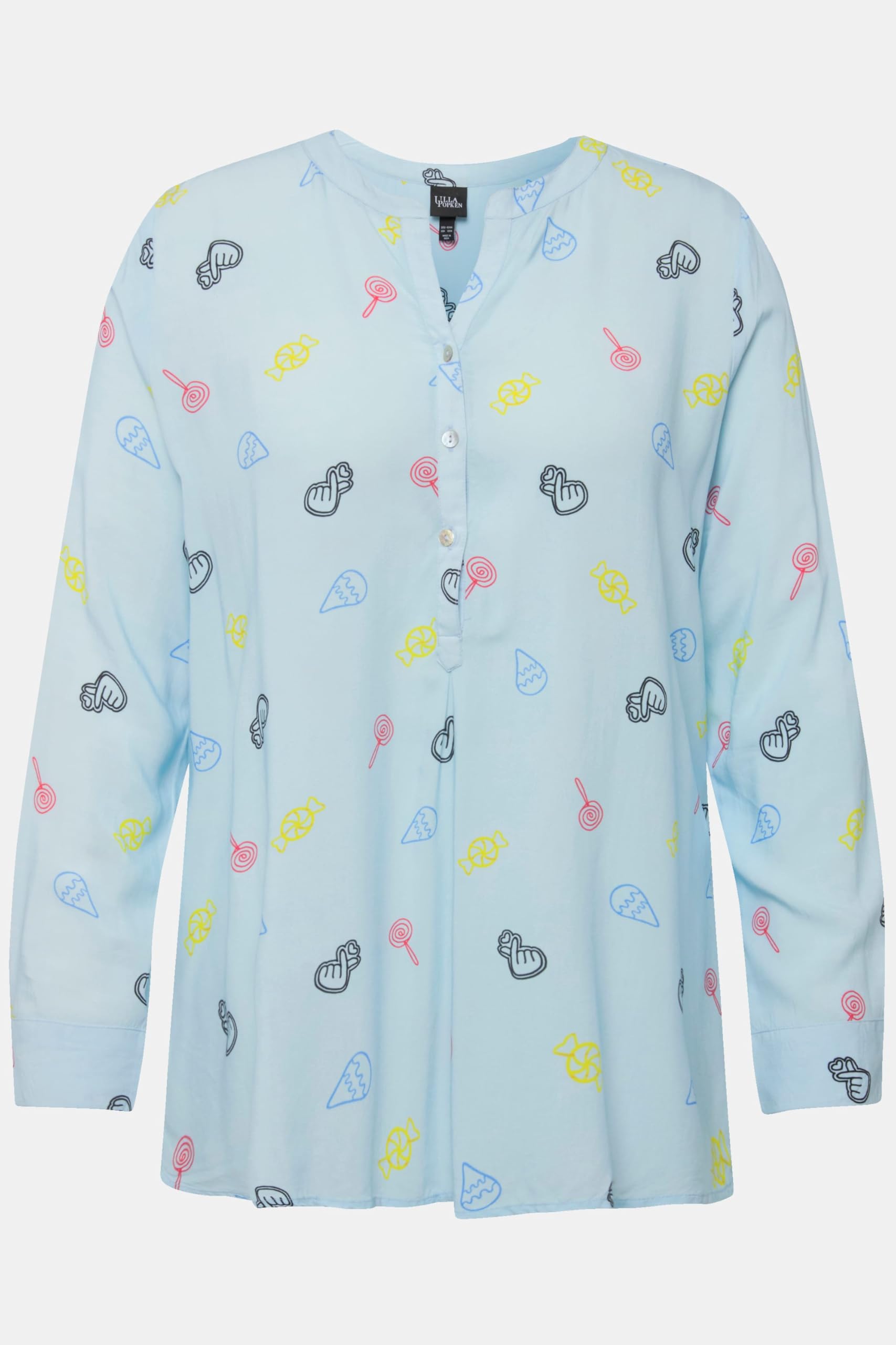 Ulla Popken Damen große Größen Übergrößen Plus Size Bluse, Comic-Druck, Stehkragen, V-Ausschnitt, Langarm 825825