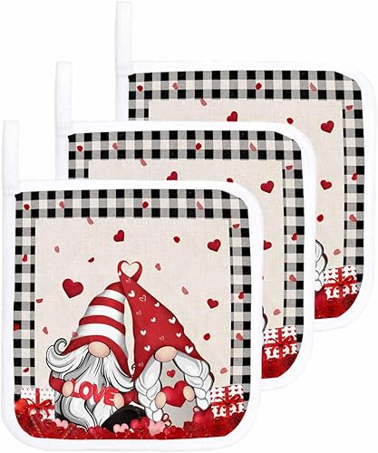 3 Packs Valentine's Day Pot Holders Sets for Kitchen,Oven Pan Plate Bowl Pads Heat Proof Mat with Hanging Loop,Terry Cloth Potholders Soft Grip for