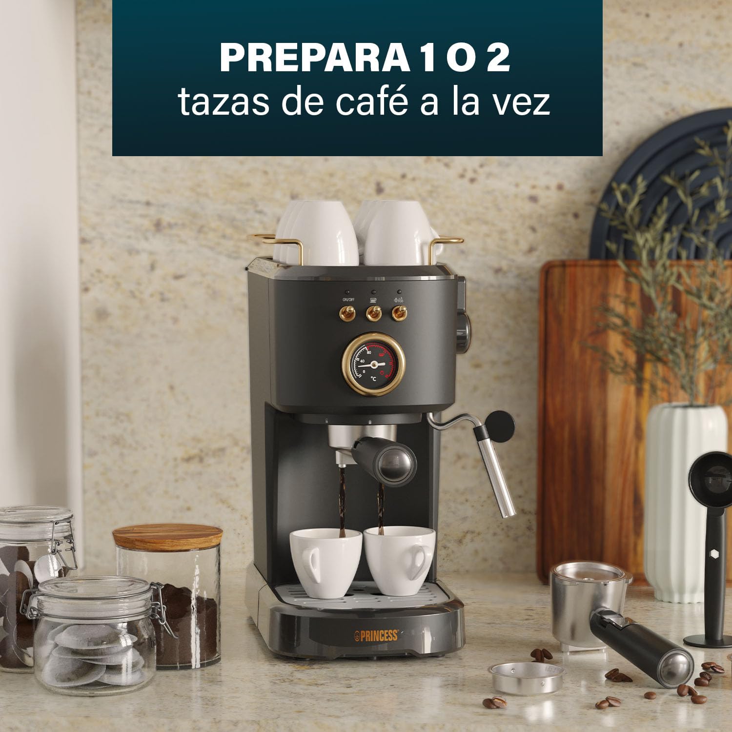 Princess Máquina de Espresso, 1100W, 20 Bares, Calentador de Tazas, Boquilla de Vapor, Depósito 1,2L, Para Café Molido y Cápsulas, Fácil de Limpiar, Apagado Automático, 01.249417.01.001