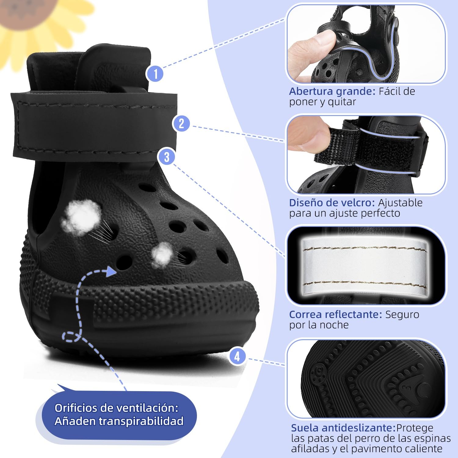 SlowTon Zapatos para Perros para Pavimento Caliente, Sandalias Transpirables Antideslizantes con Tiras Reflectantes, Fáciles de Poner y Quitar, Botines de Verano para Exteriores Fácile