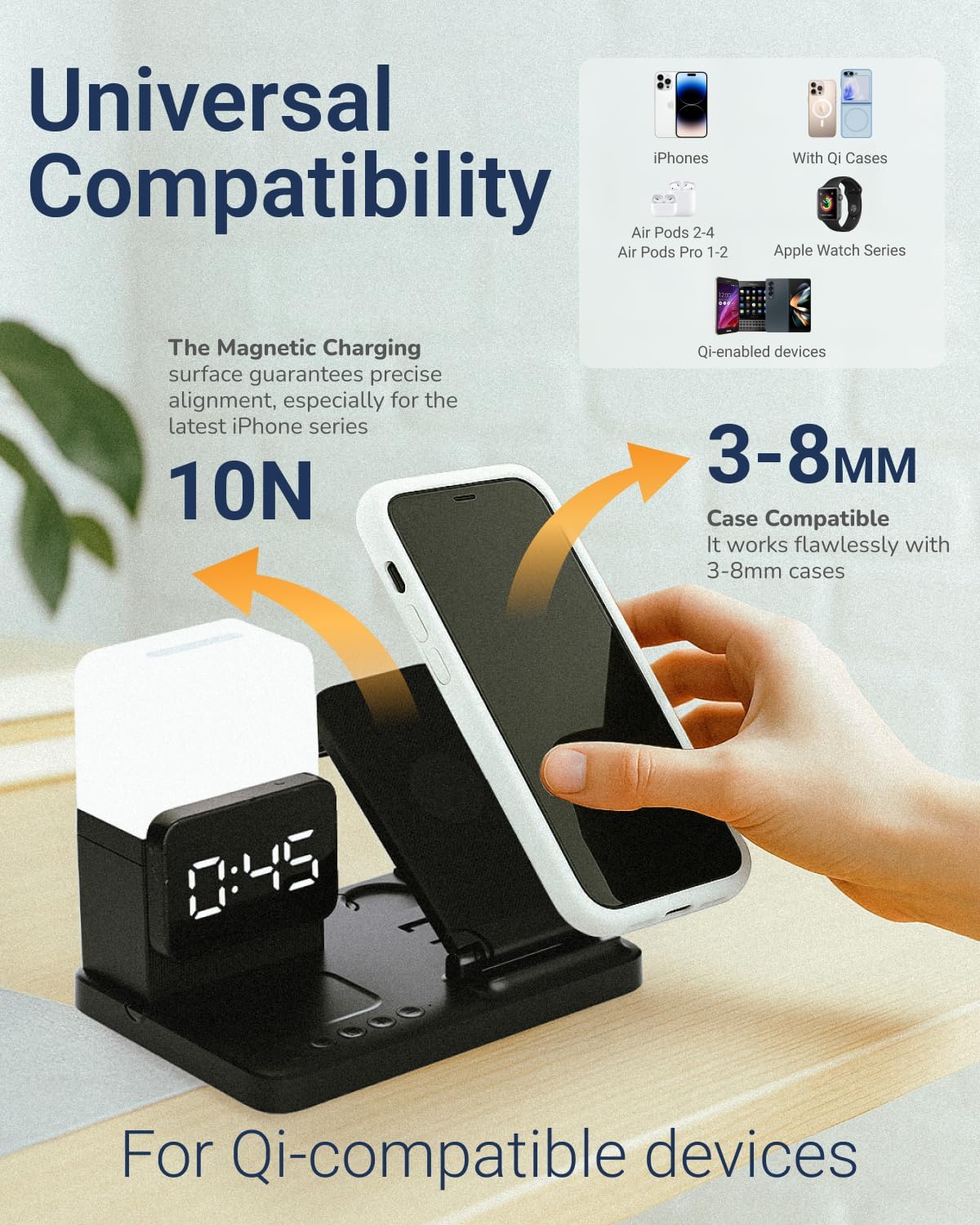 M.A.D LAB Nightstand Charging Station - Charging Station for Multiple Devices with Alarm Clock and Night Light, Wireless Fast Charger for iPhone, Android Phones, AirPods & Apple Watch (No Adapter)