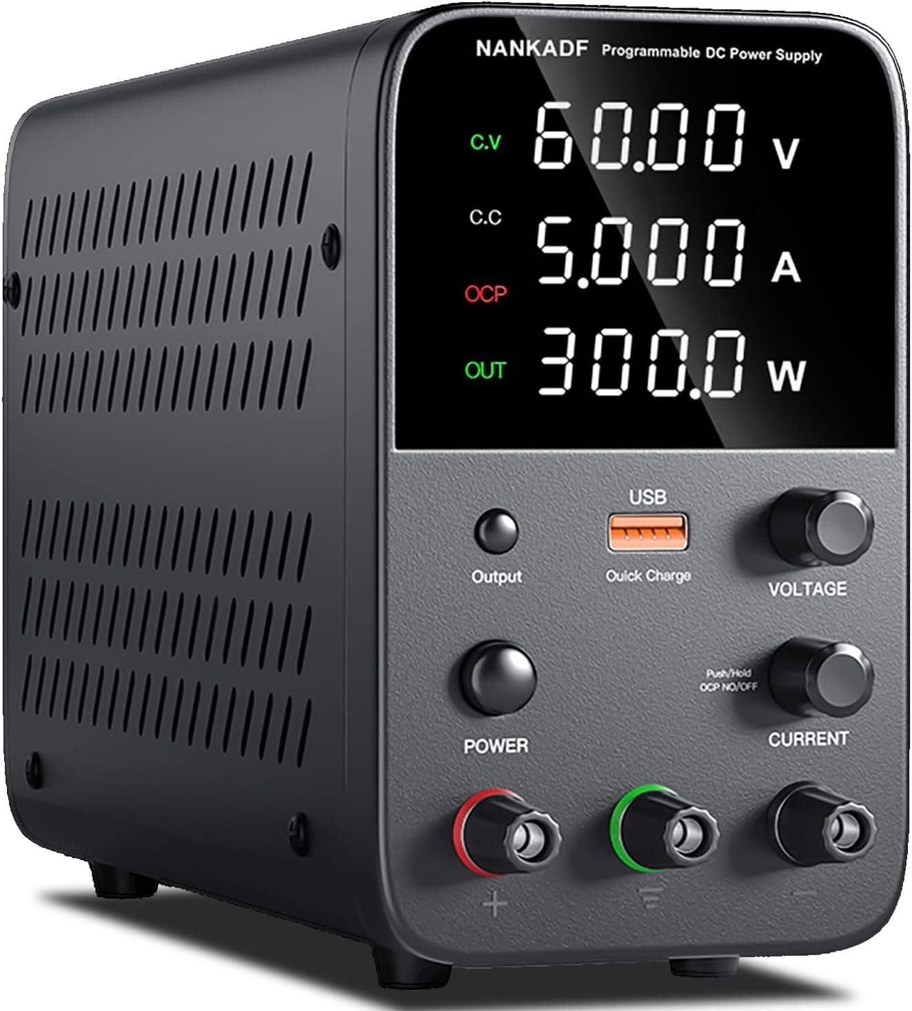 DC power supply (0-60V,0-5A) adjustable, switching power supply, mini high precision 4-digit display with USB fast charging interface, variable lab bench power supplies, output on/off/encoder knob