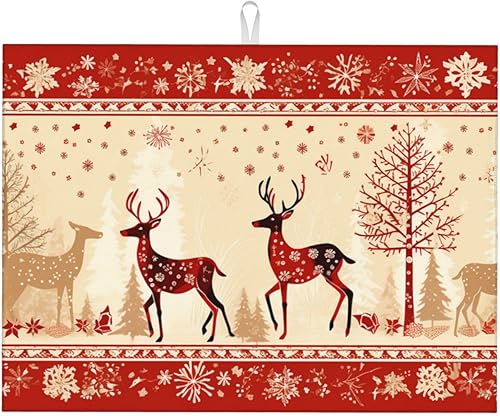 Tapete de secado de platos con patrón de alce navideño para encimera de cocina, tapete reversible de 18 x 24 pulgadas, absorbente y de secado rápido