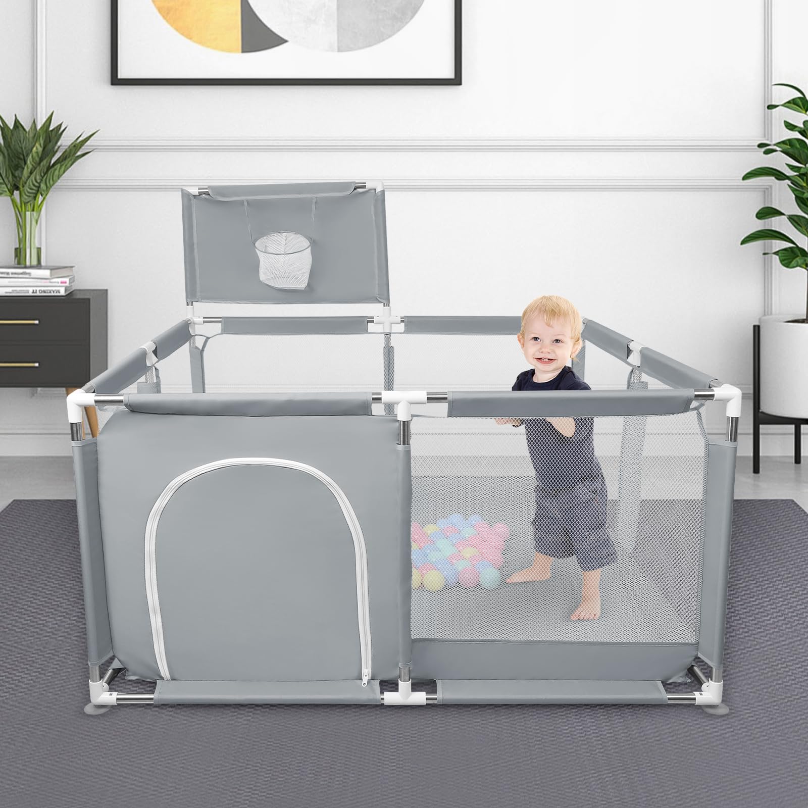 Laufstall Baby, Indoor & Outdoor Laufgitter Baby Große xxl Sicherheitsspielplatz Schutzgitter für Kinder mit Weichem Netz, Rutschfestem Oxford Bottom, 126 x 126 x 66 cm – Dunkelgrau