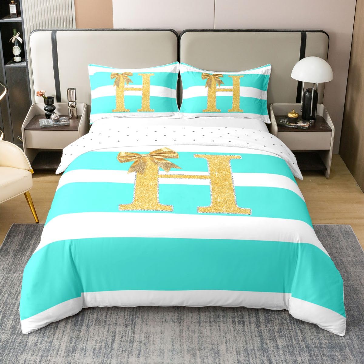 Homewish Monogram litera H King pościel złota kokardka dziewczyny bawełna poszewka na kołdrę zestaw spersonalizowane początkowe paski poszwa na kołdrę księżniczka muszka zestawy łóżek