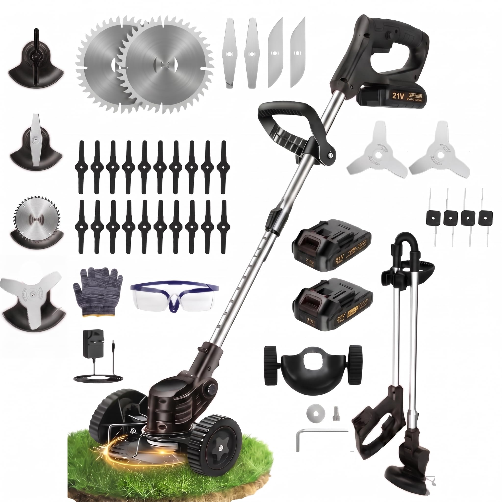 Foldable Cordless Garden Strimmers, Electric 21v Grass trimmer with 2 X 2000mAh Battery, Adjustable Metal Blades,Garden Trimmer Telescopic Lightweight, 1880W, for Gardens,Park (Black Foldable)