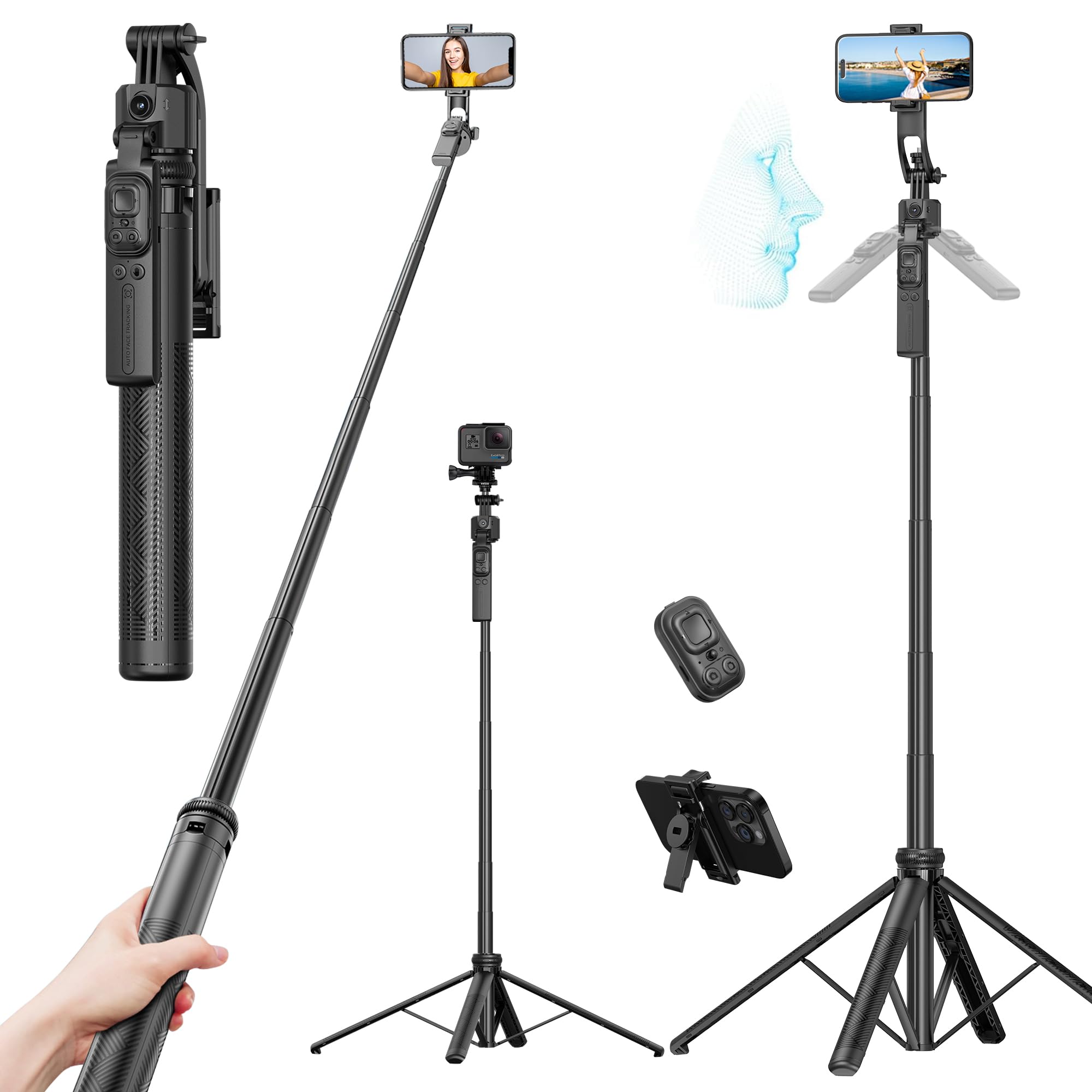 WeCool AI-Powered Auto Face Tracking Selfie Stick with Quadripod,Extendable Upto 64 inch,Detachable Mobile Holder,Compatible with GoPro,Camera and with iPhones-image-9