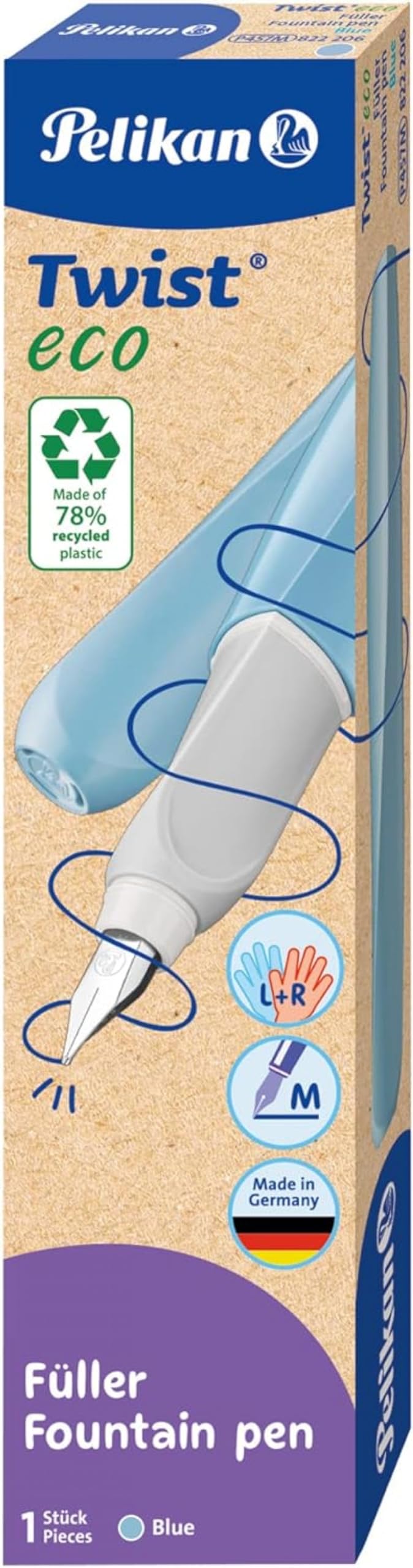 Pelikan Twist Eco Fountain Pen Stainless Steel Nib M Line Width with Ink Cartridge Blue