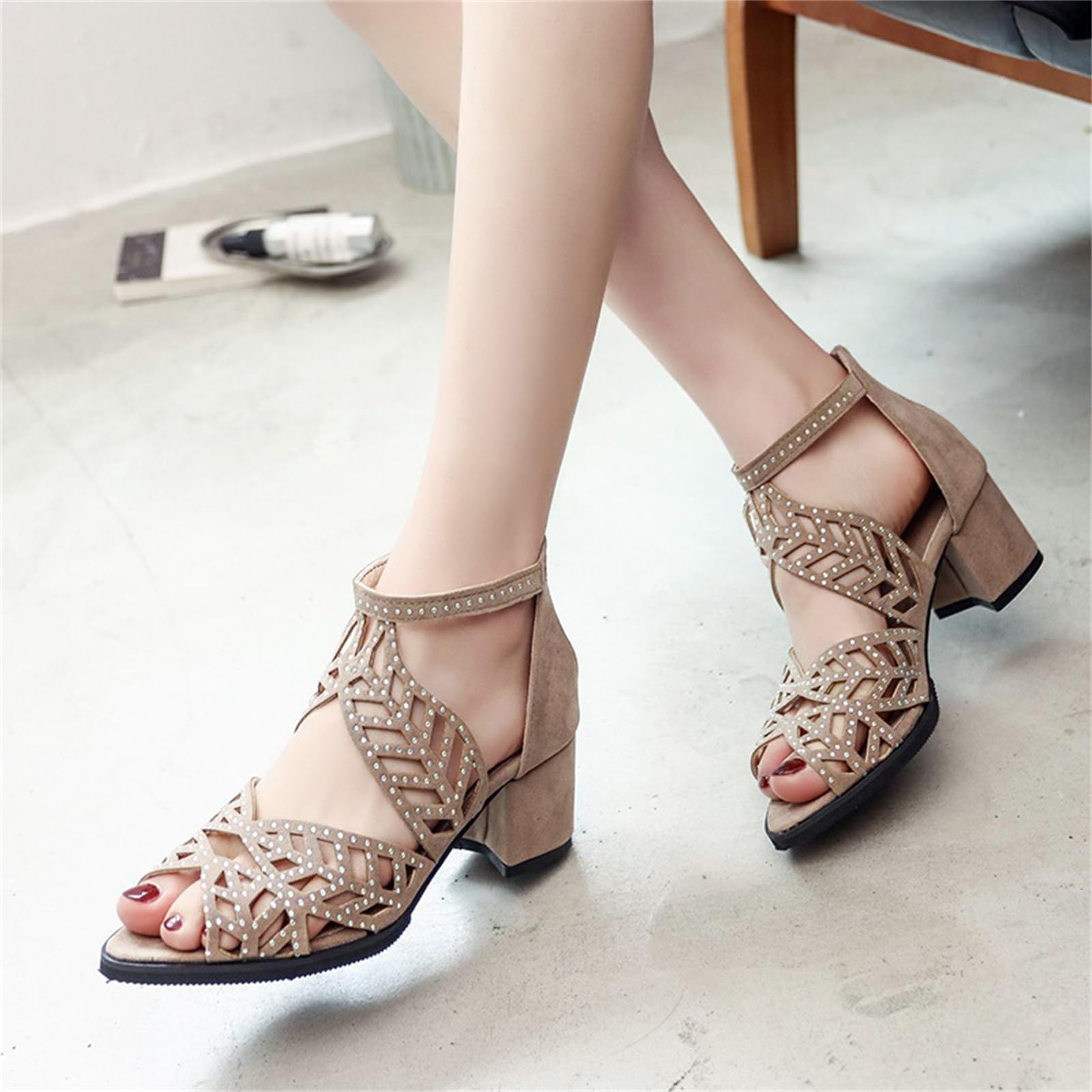 SACFOF Sandalias de tacón de bloque con diamantes de imitación para mujer, con correa al tobillo, sandalias de tacón grueso, sandalias romanas