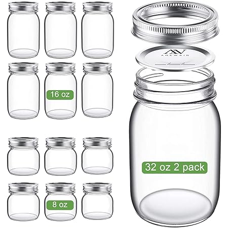 Mason Jars Variety Pack (Set of 14), Regular Mouth Jars with Lids and Bands(Split-Type),32oz 2 Pack, 16oz 6 Pack and 8oz 6 Pack