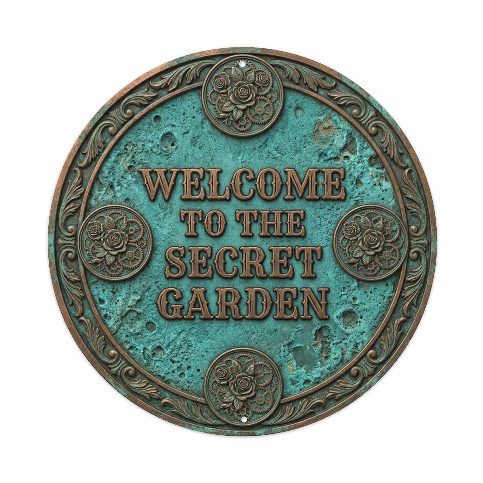 Vintage Welcome Secret Garden Wreath Rustic Metal Tin Sign