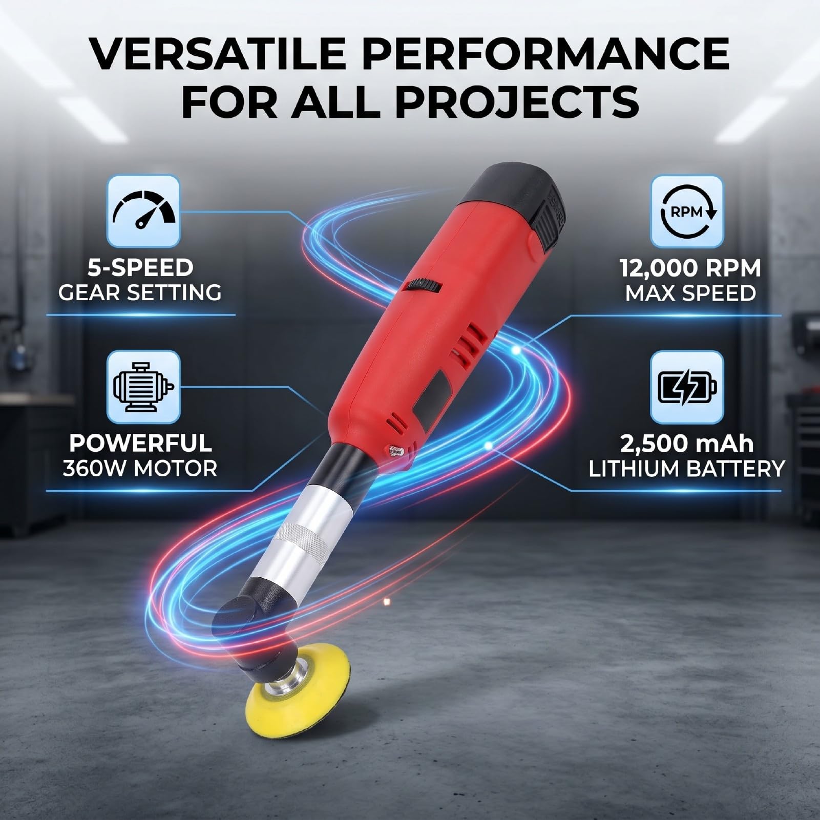 Bewinner Amoladora Angular Inalámbrica, Lijadora Pulidora Eléctrica de 360 ​​W, 5 Velocidades, 12000 RPM, con Protector Transparente, Batería de Iones de Litio de 2500 MAh para Cortar, Grabar y