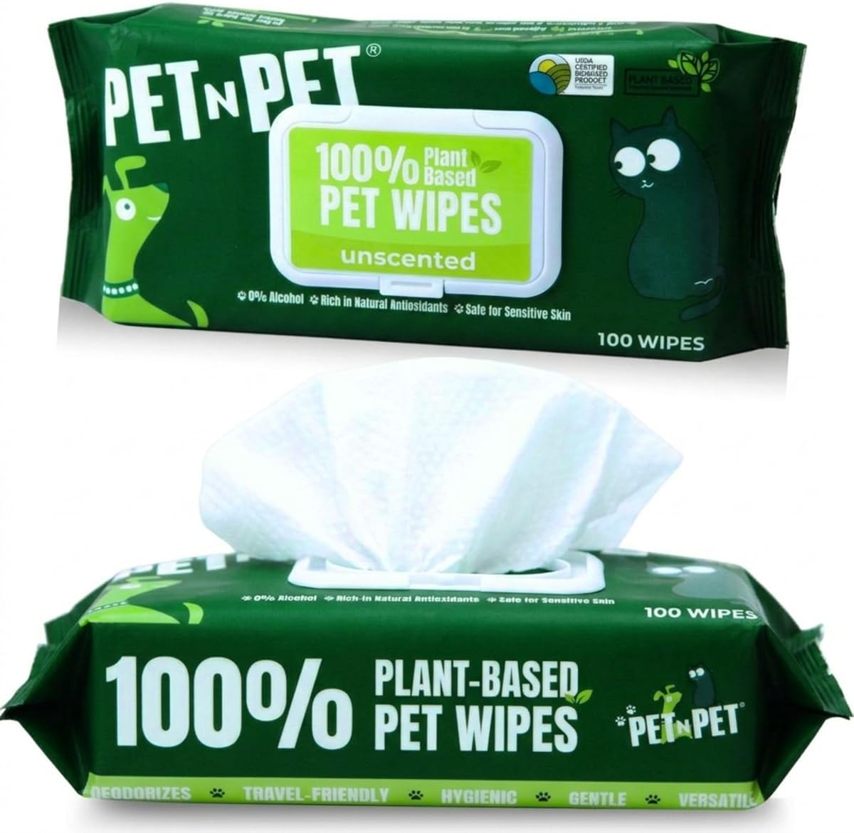 Toallitas para perros 100% a base de plantas para patas y trasero, 100 unidades de toallitas hipoalergénicas sin perfume para mascotas, 8" x 8"