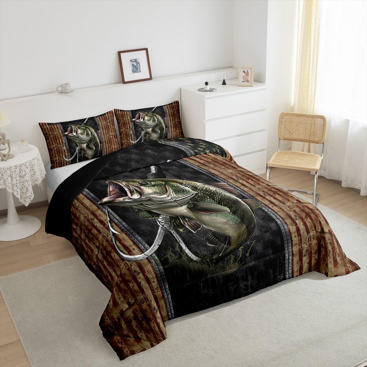 Feelyou Bass Fish Comforter Set Queen Size Cabin Fishing Pike Fish Comforter for Boys Girls Teens Vinatge American Flag Bedding Set Fisherman Duvet Set Room Decor Quilt Set