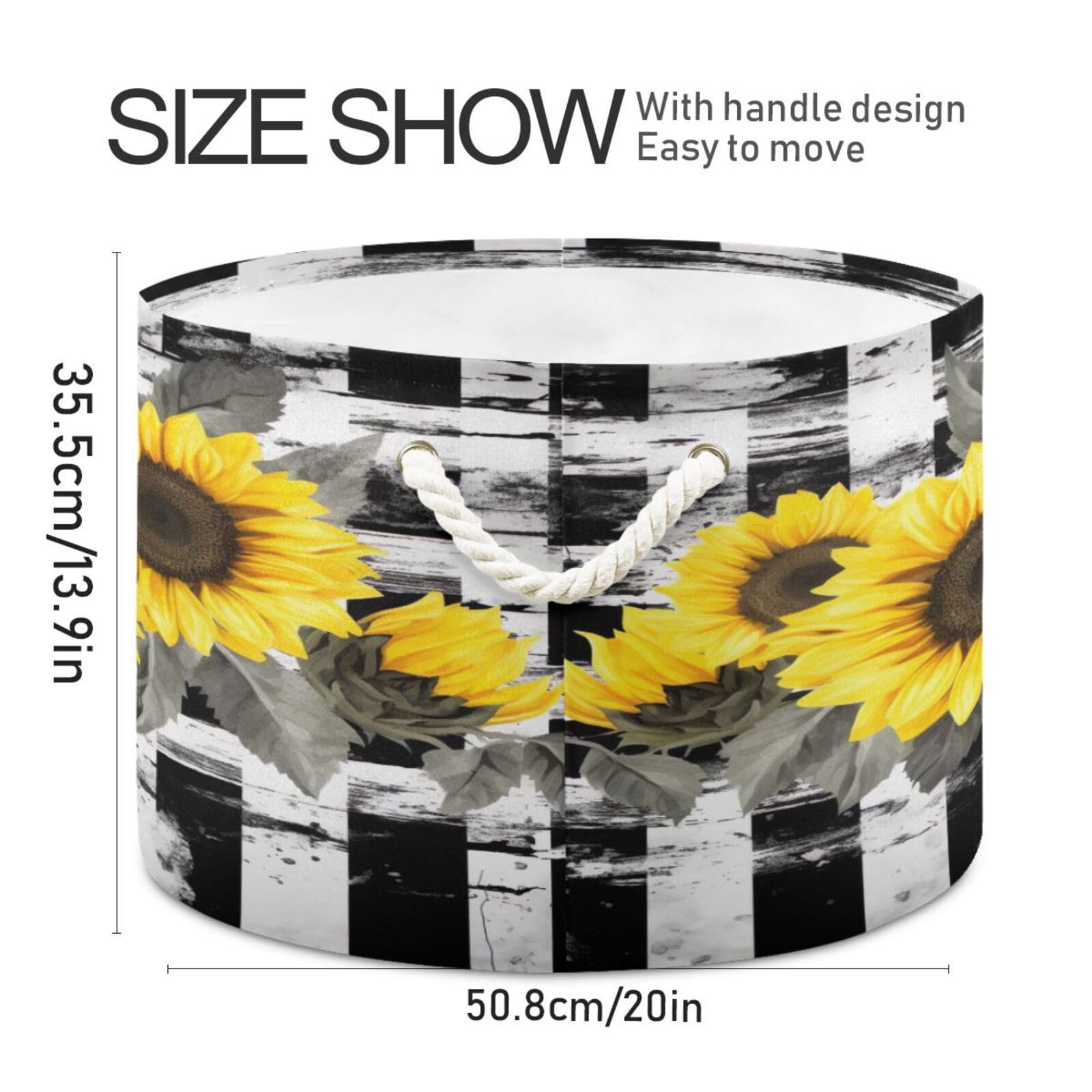 Round Sunflower Black White Stripes Storage Basket Large Organizer Bin Laundry Hamper Toy Storage Basket with Handle for Nursery Clothes Toys 202b4114