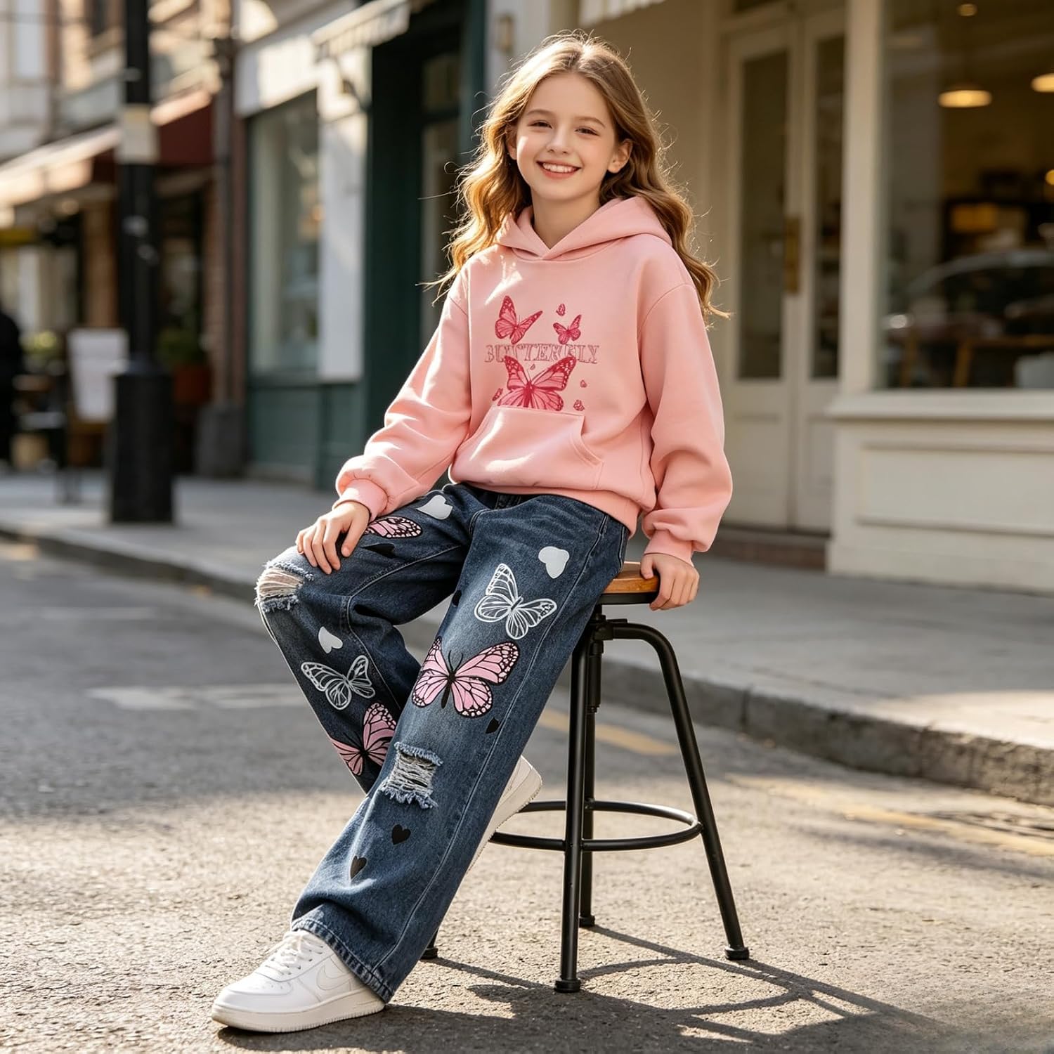 Girls Winter Clothes 2 Piece Butterfly Print Hoodie Ripped Jeans