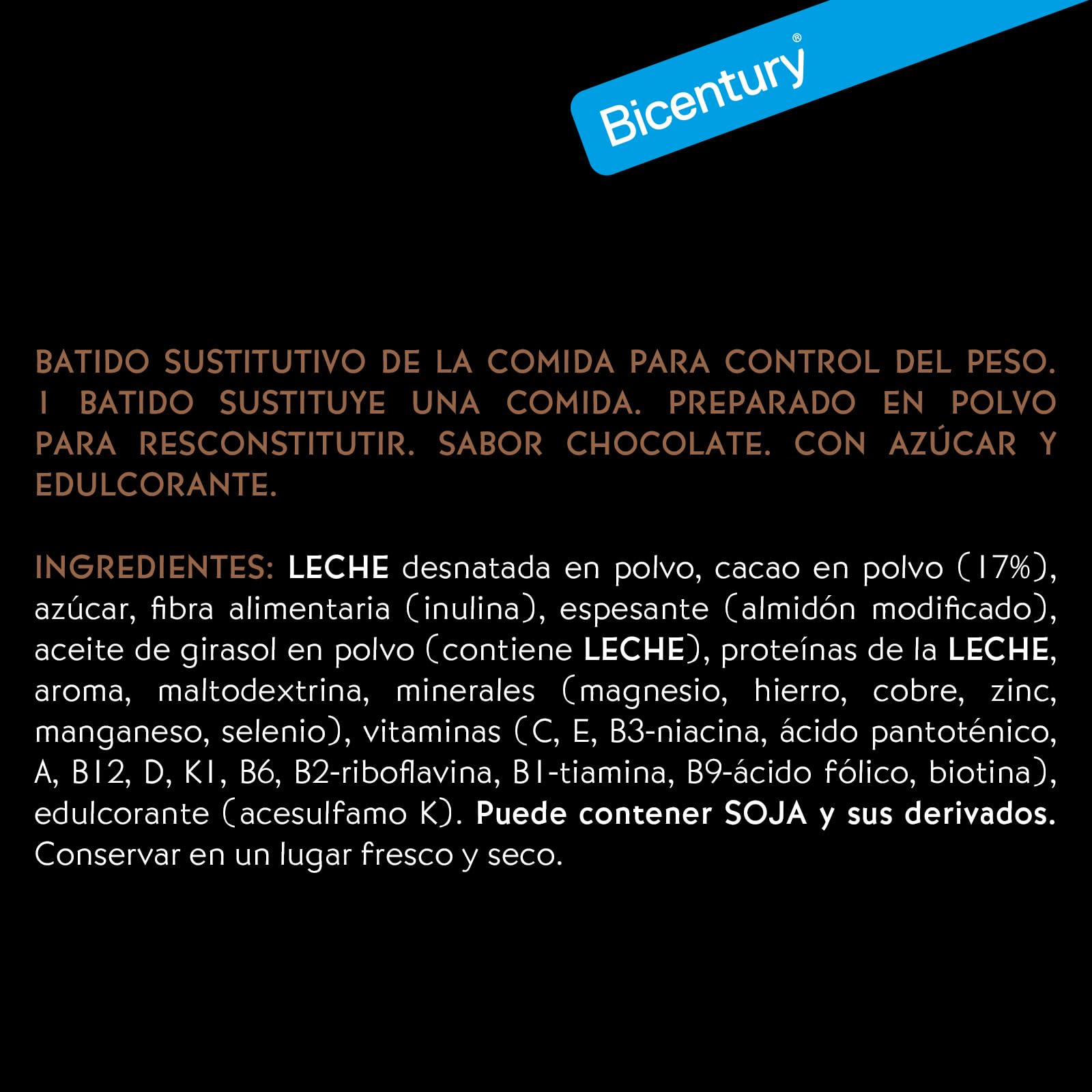 Bicentury Batido sustitutivo con Proteína sabor Chocolate, 16g proteína, nutricionalmente completo, Caja 5 unidades