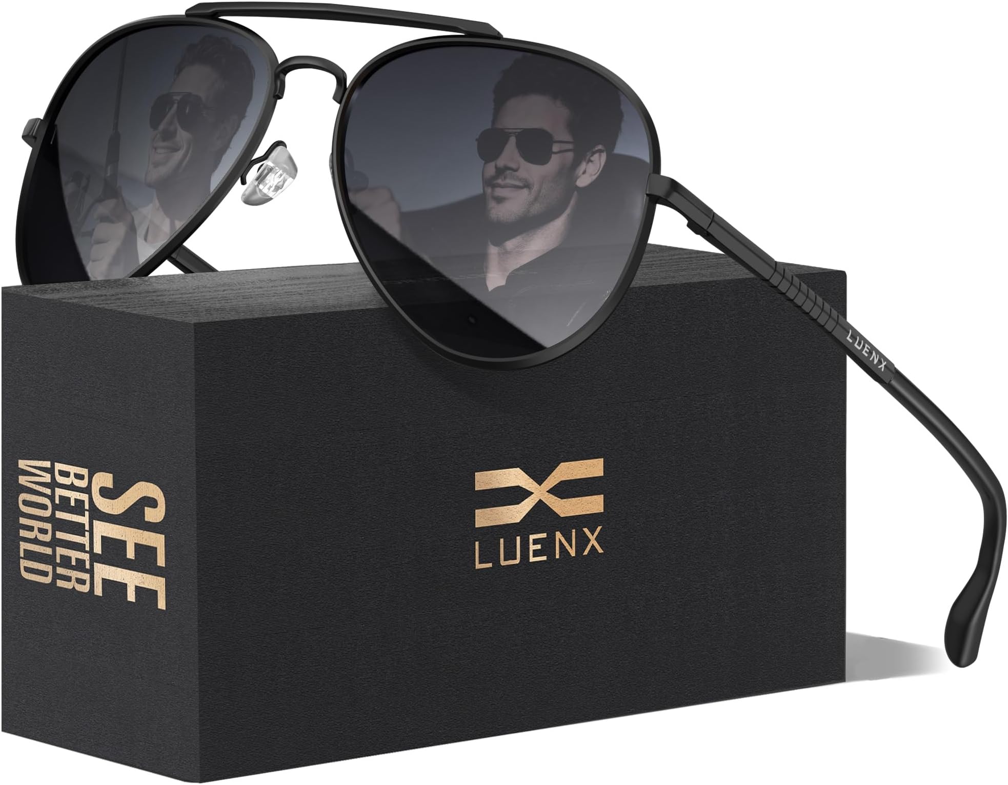 Aviator Sunglasses for Men Square Polarized Polygon Lens - UV 400 Protection with Accessories